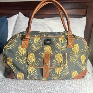 Gray and Yellow Floral Weekender Bag with leather details